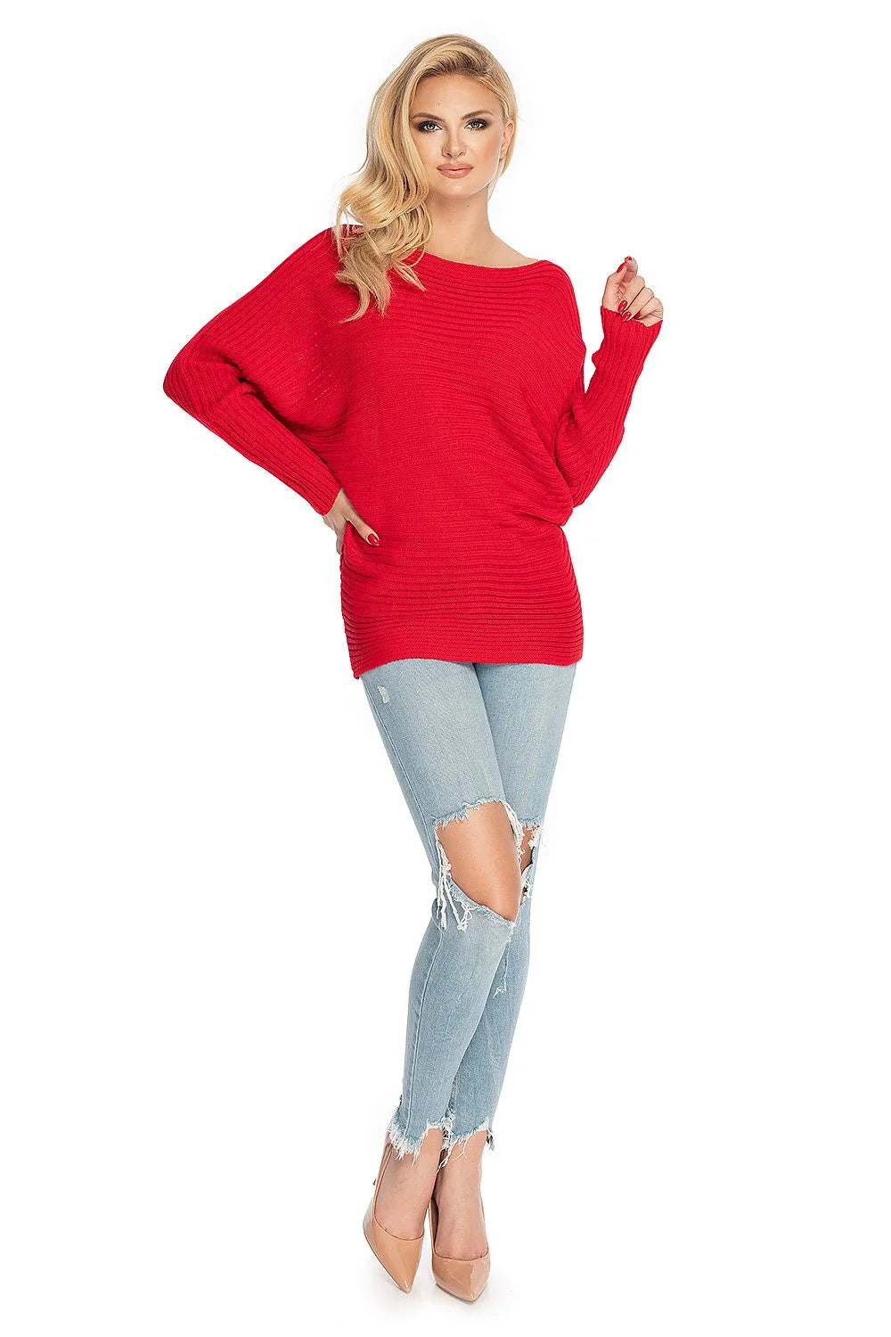 Pull femme style moderne élégant encolure bateau manches longues coupe ample ourlet côtelé matériau acrylique 100% couleur rouge vif