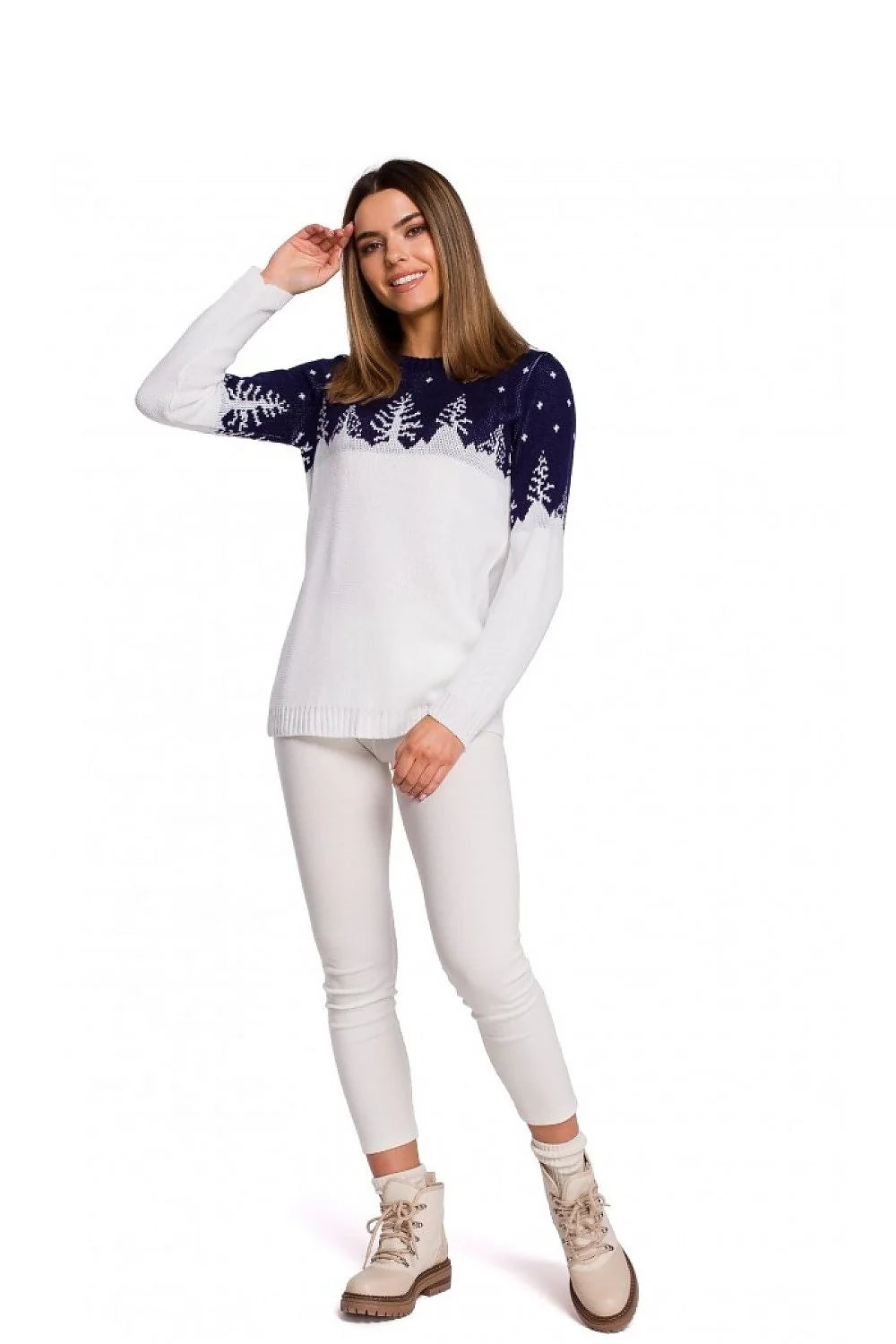 Pull tricot hivernal élégant décontracté motif sapin vert émeraude col rond manches longues femmes