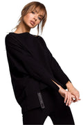 Sweatshirt ample coton noir moderne confortable manches longues fentes poignets pour femme décontractée élégante
