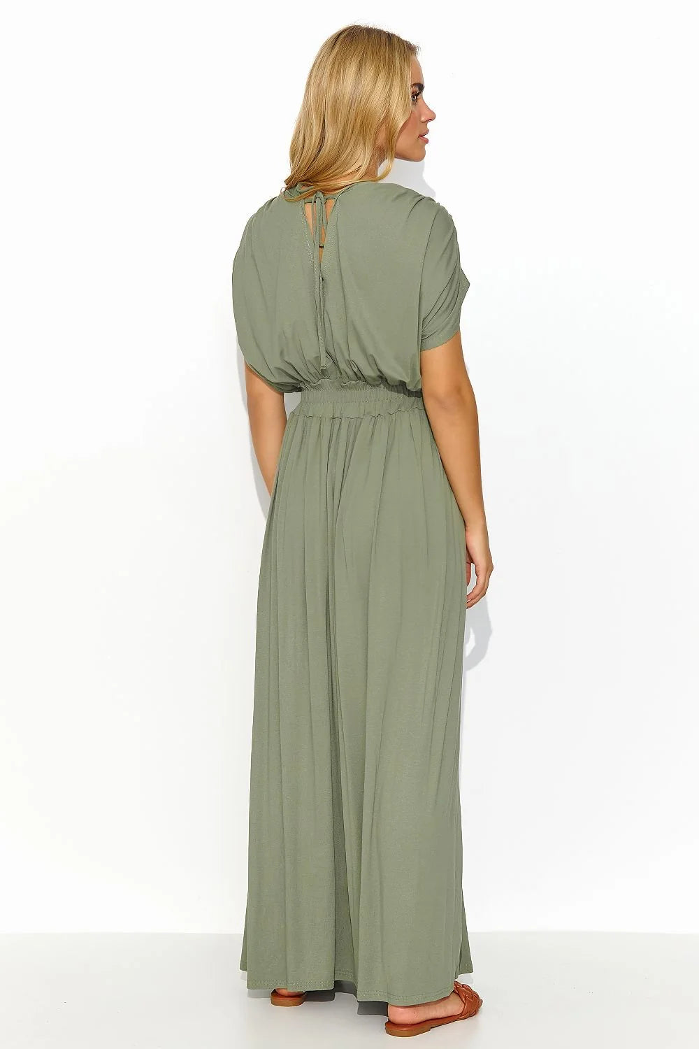Robe longue en vert kaki, style décontracté, coupe ample, encolure en V, manches courtes, taille élastiquée, fente latérale, tissu léger, pour femme, été, casual, mode intemporelle