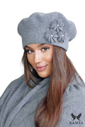 Béret élégant pour femme en laine argenté fleurs en relief zircons scintillants automne hiver intemporel