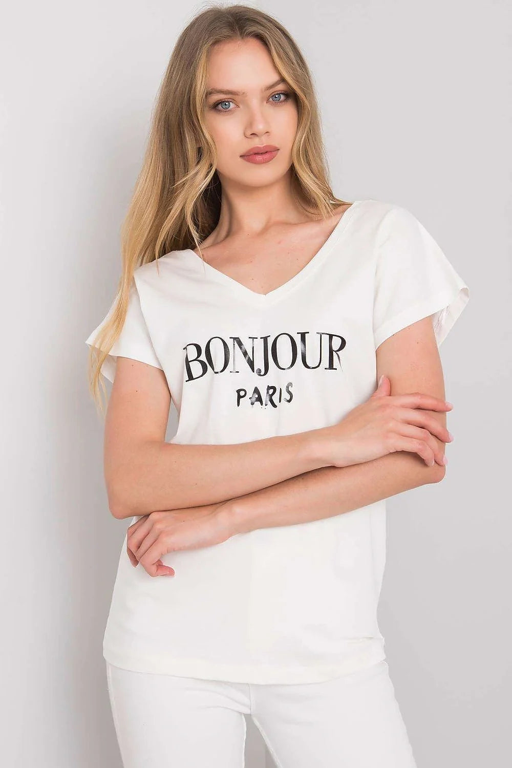 T-shirt femme style parisien rouge vif col V manches courtes coupe droite 100% coton 'BONJOUR PARIS'