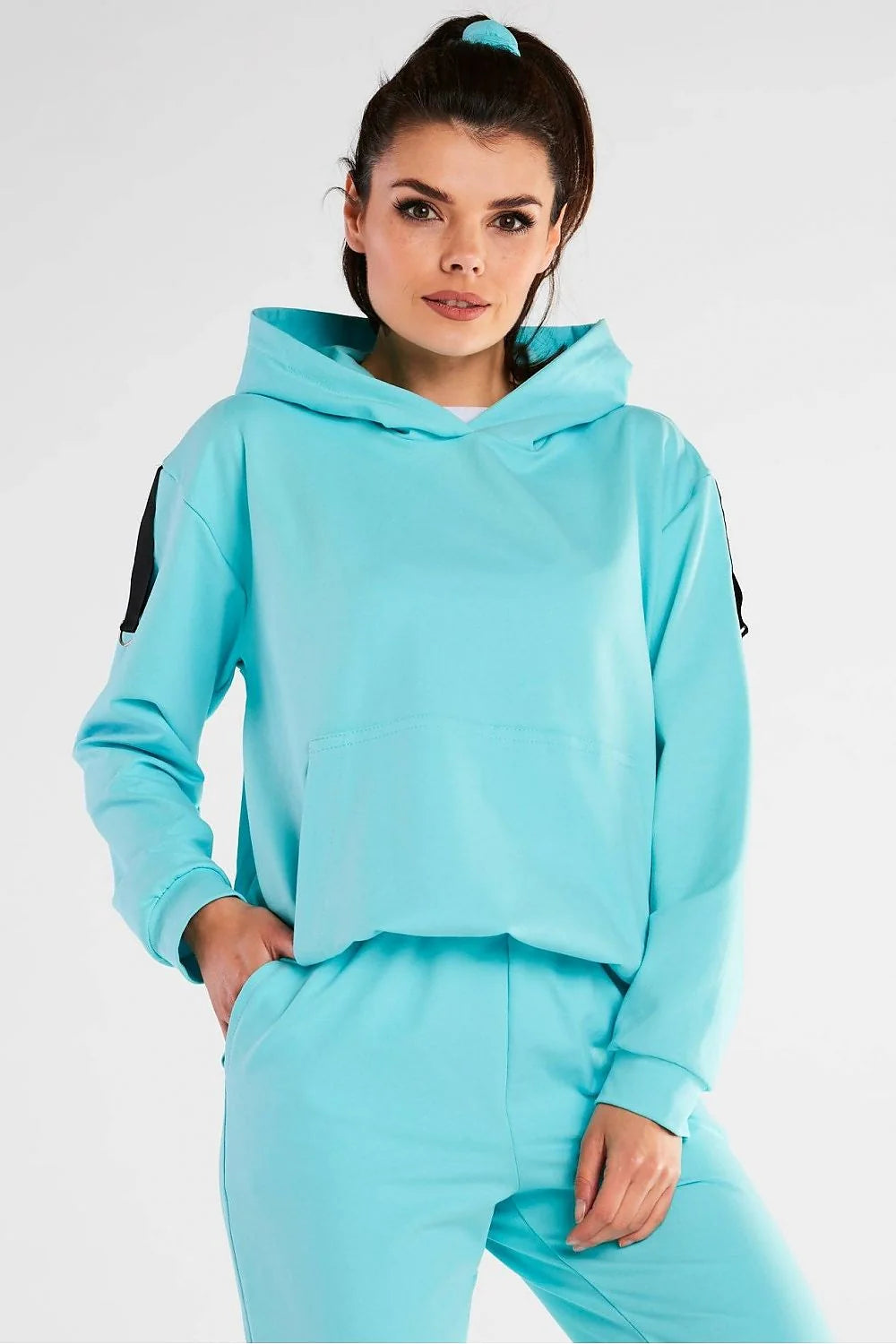 Ensemble de Sport Coton Décontracté Moderne Confortable Bleu Turquoise Capuche Poches Femmes Mode Pantalon
