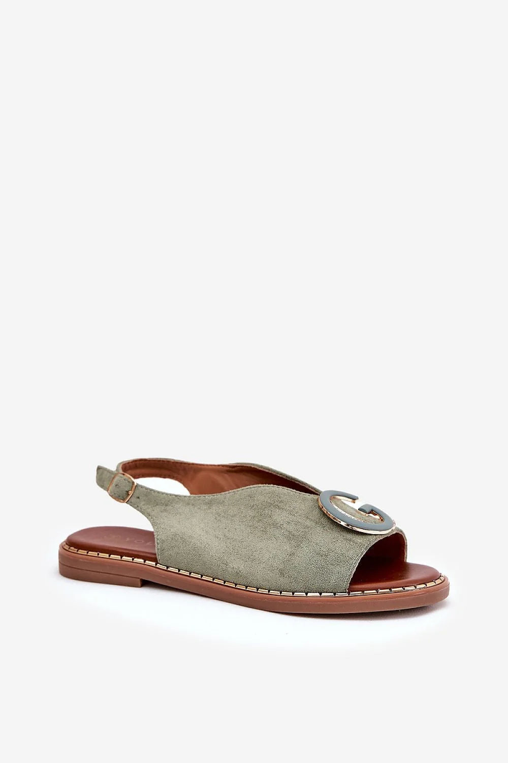 Sandales plates femmes style minimaliste cuir suédé vert olive confort été sandales ouvertes broche G