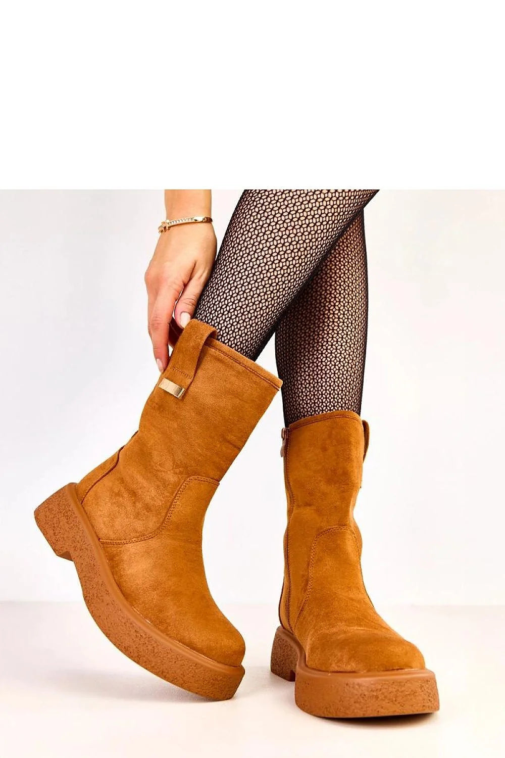 bottines mi mollet camel daim suédé écologique femme bout rond tige 19cm plateforme 5cm cognac semelle gomme antidérapante zippée métal