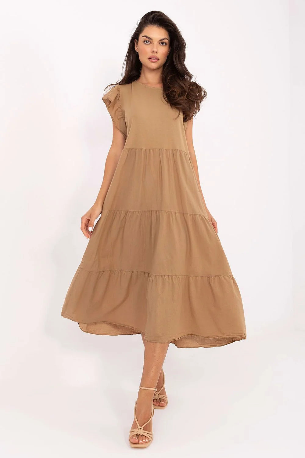 Robe été femme style babydoll longueur midi coton léger beige manches courtes volants dos nu高 waist volumineux Och Bella