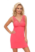 Chemise de nuit féminine élégante en dentelle rose vif manches longues encolure V ajustée soie viscose élasthanne 5% femme