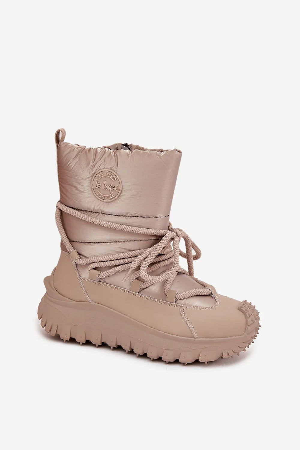 bottes neige femme Lee Cooper cuir textile matelassé beige nude plateforme crantée caoutchouc antidérapante fourrée zippée lacets épais rembourré maintien