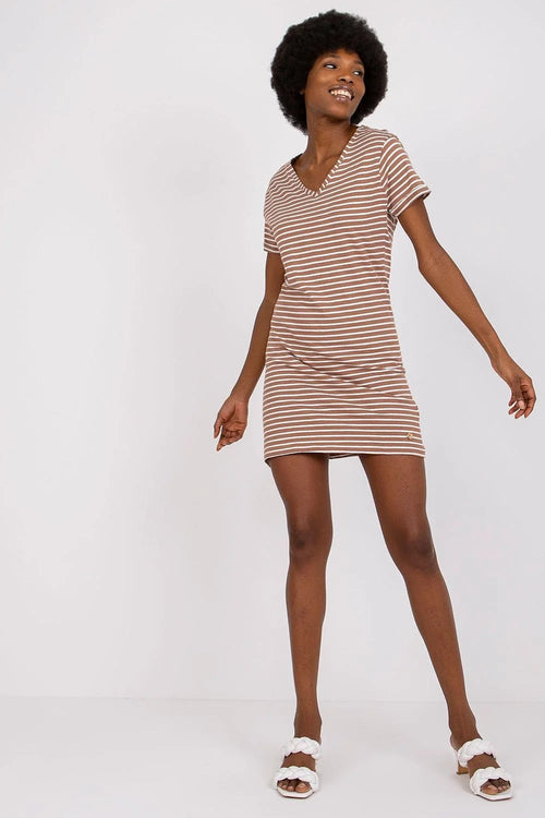 Robe t-shirt coton marron clair rayures coupe droite ajustée manches courtes col v style moderne décontracté femme