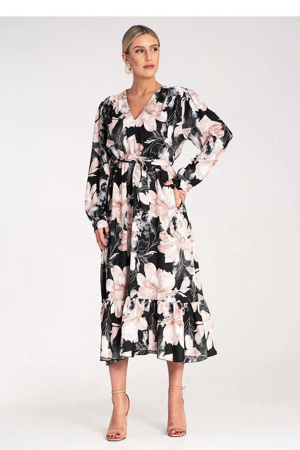 Robe de jour élégante avec motif floral V-neck manches longues taille ajustable pour femme