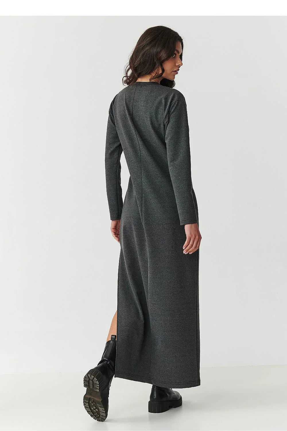 robe maxi sweat femme gris anthracite coupe droite col rond manches longues molletonnee douce extensible fente laterale haute