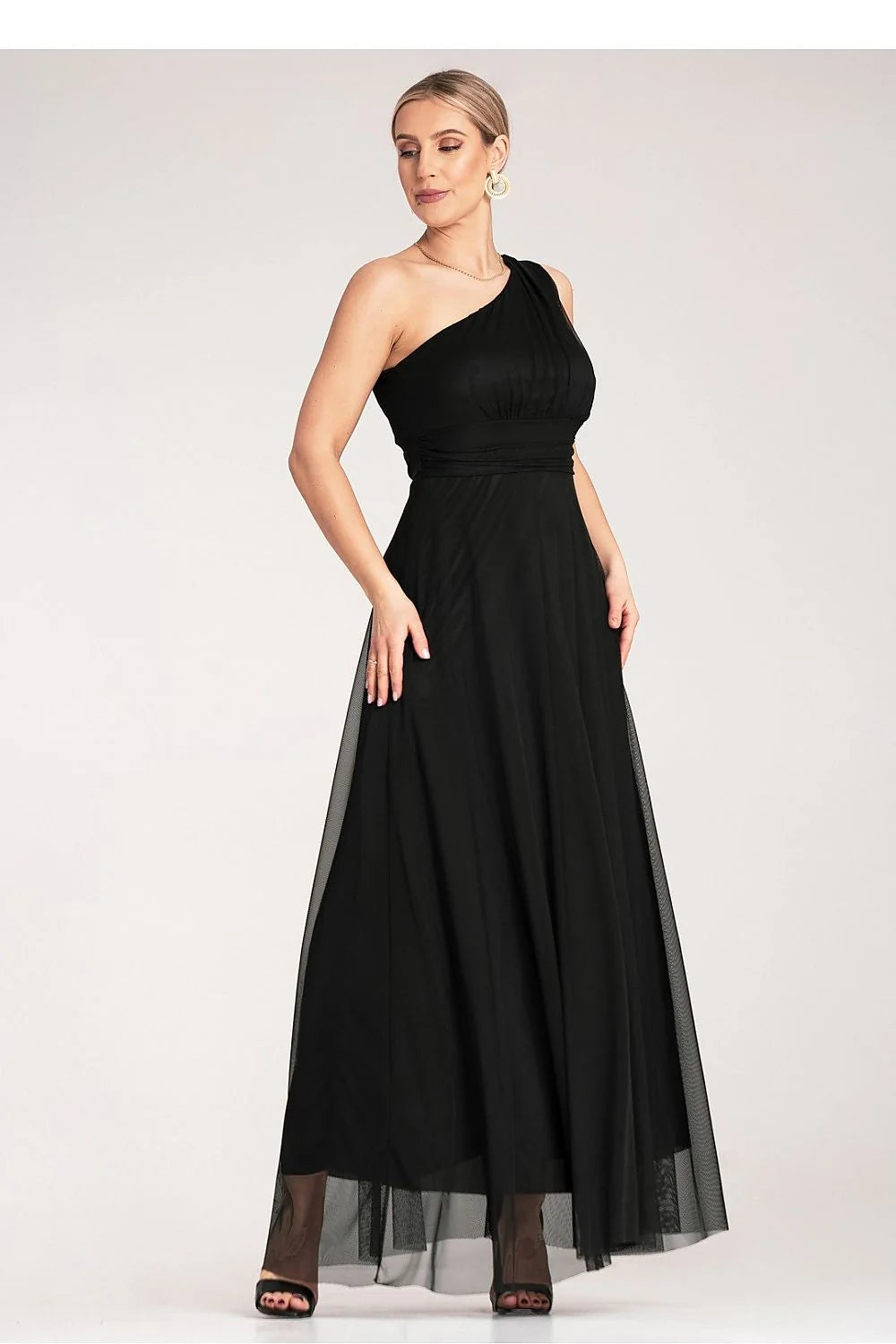 Robe de soirée élégante asymétrique en noir tissu fluide ceinture intégrée pour femme occasion formelle