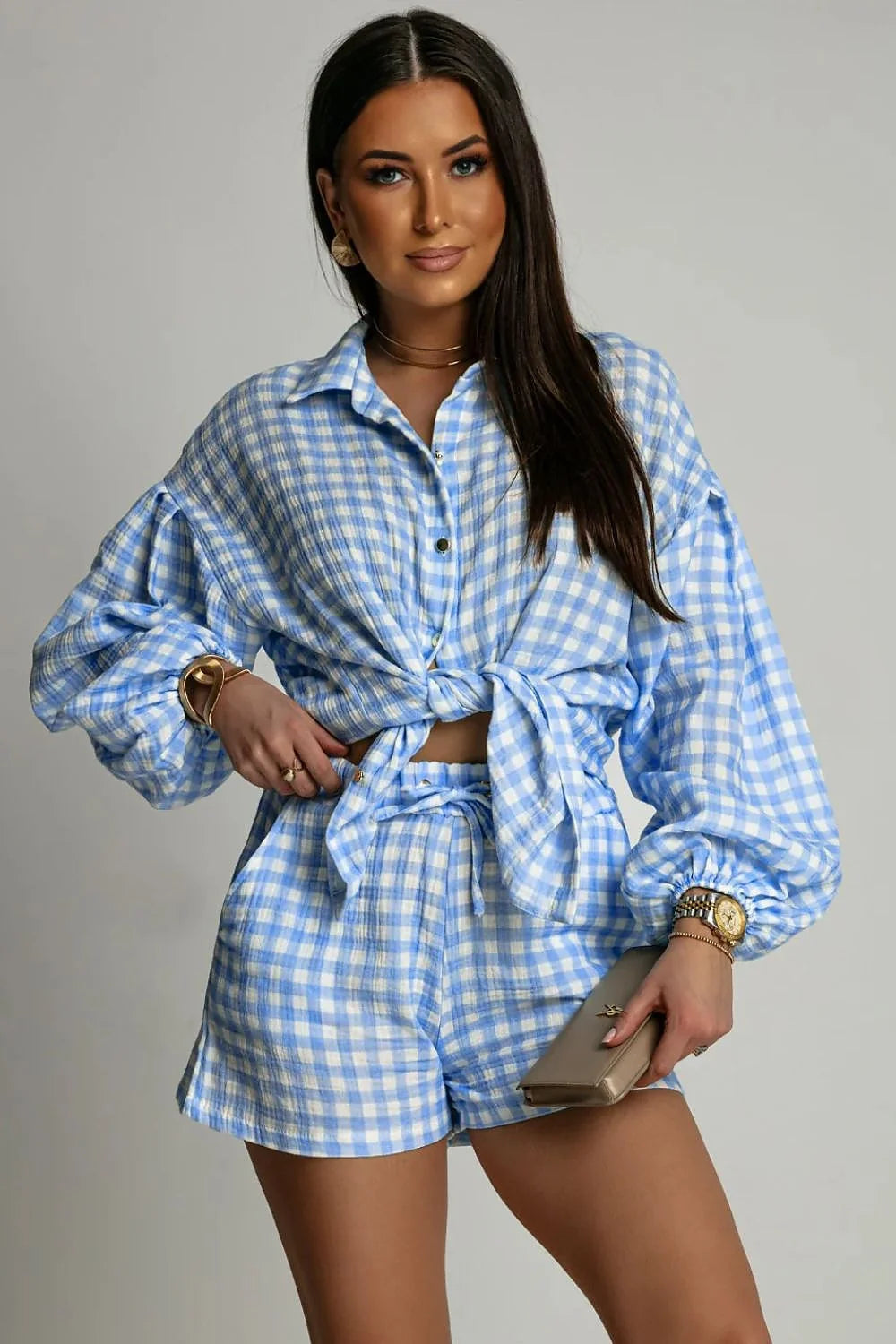 Ensemble La Balancia Femme Mousseline Vichy Bleu Blanc Court Manches Longues Taille Haute Élégance Casual Été