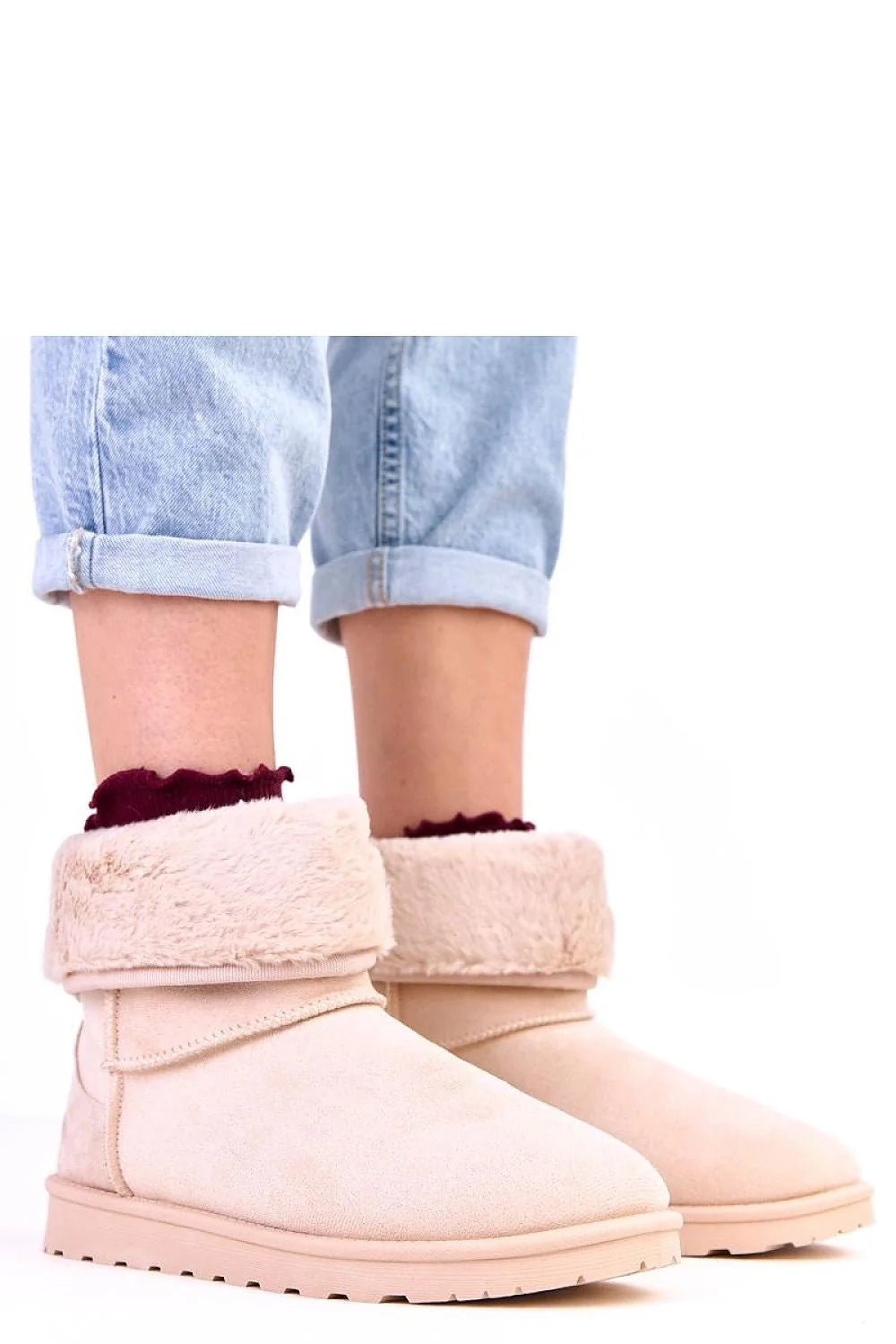 bottes neige femme Solea suédine beige rosé cheville bout rond col retourné fausse fourrure crème doublure chaude semelle crantée caoutchouc