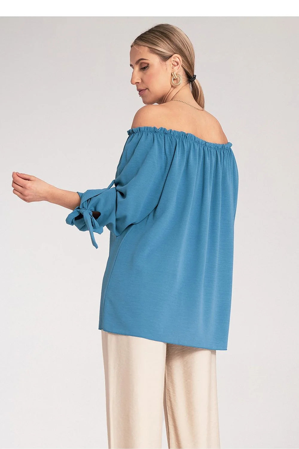 Chemisier femme style espagnol épaules dénudées manches nouées décolleté plissé bleu clair polyester élasthanne taille universelle