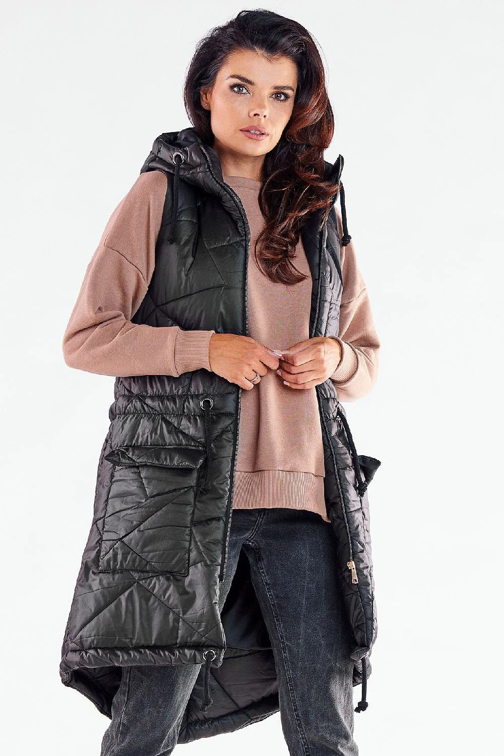 Gilet longue ligne épurée matelassé rouge femme automne hiver polyester 100% capuche cordon serrage poches