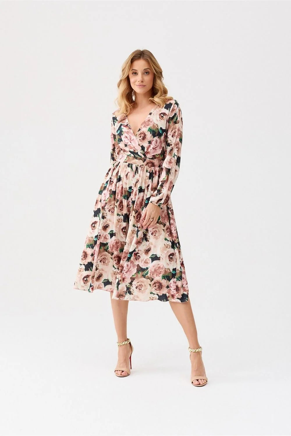 Robe de cocktail élégante imprimé floral manches longues encolure V ceinture tissu fluide pastel occasion semi-formelle femme