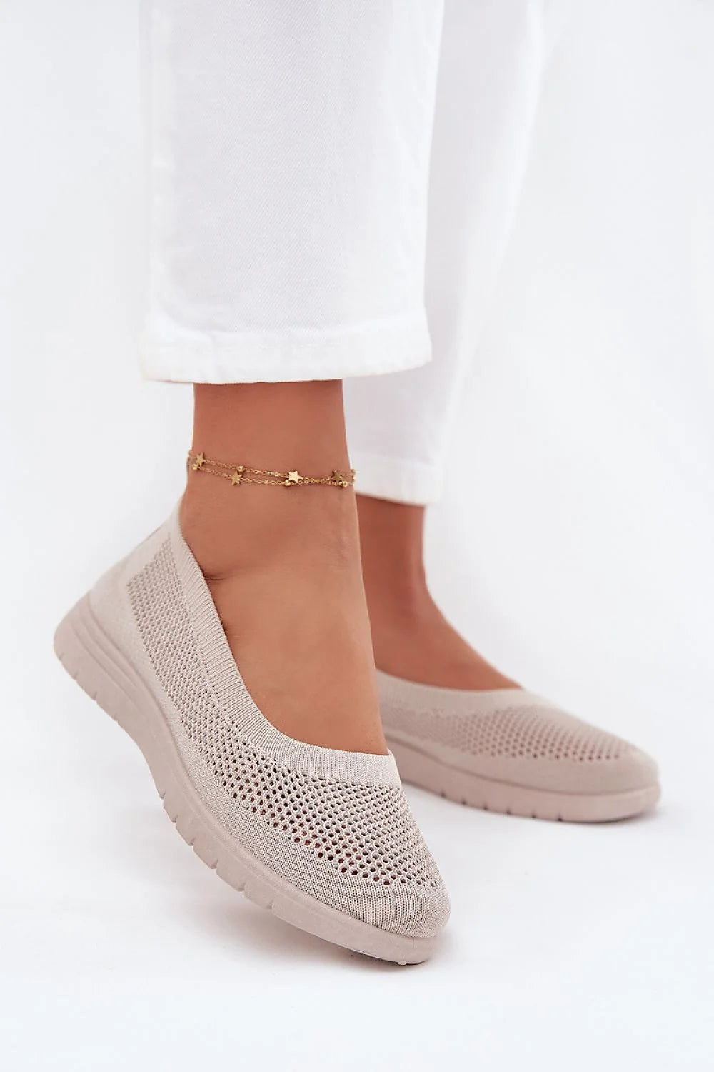 ballerines femme maille respirante tricotée nude beige tige perforée col élastique coutures invisibles semelle compensée légère antidérapante mousse amorti confortable