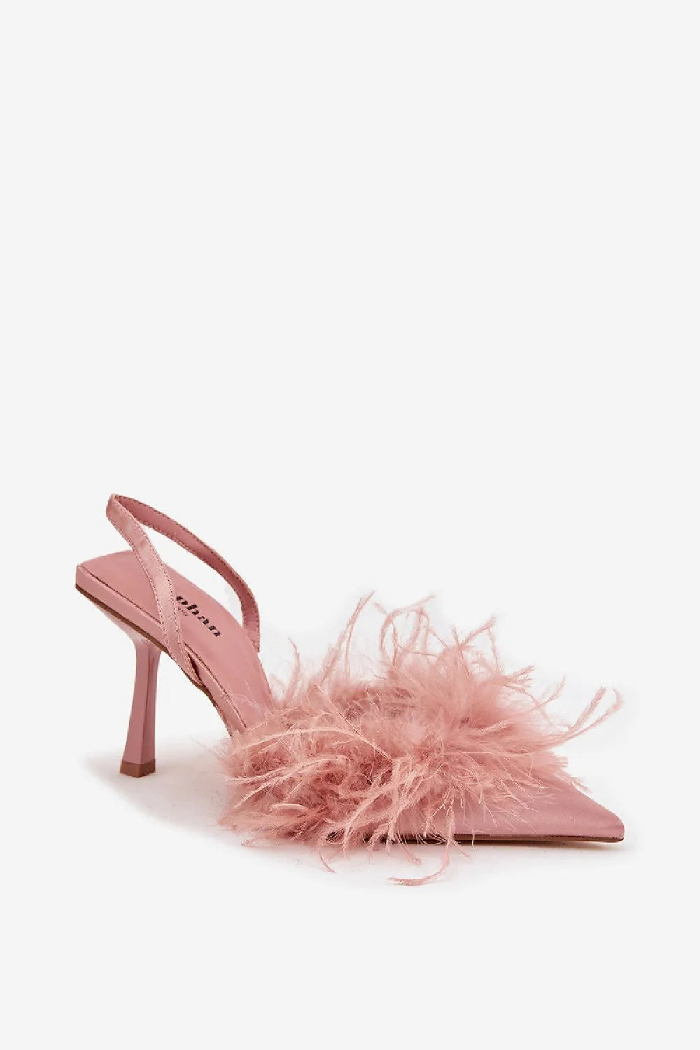 escarpins mules slingback satinés rose poudrés plumes boa ornés bout pointu talon aiguille hauts confort semelle cuir artificiel glamour soirée