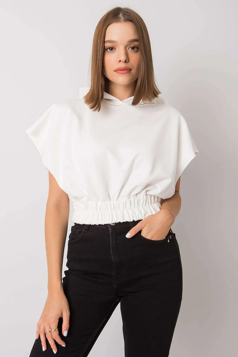 Sweatshirt femme Fancy style moderne couleur turquoise large manches courtes capuche élastique coton polyester