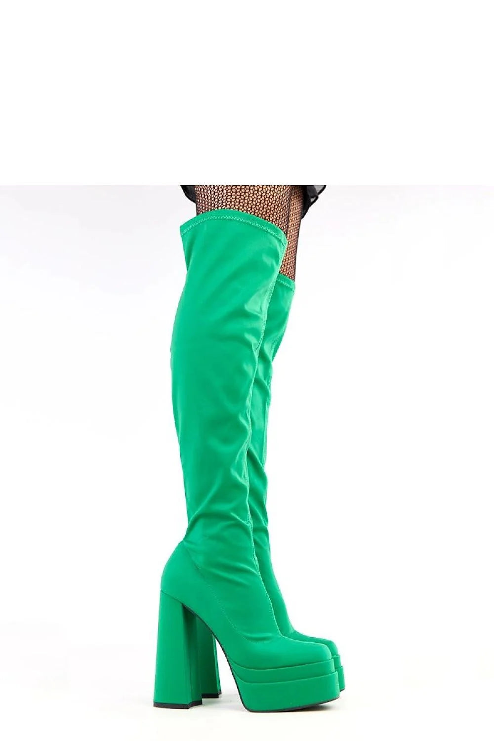 bottes mousquetaire cuissardes vert vif tissu stretch tige haute 53cm plateforme talon poteau nez carré doublure chaude