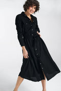 Robe de jour élégante noire style chemise manches longues col classique ceinture ajustable femme viscose lin coton