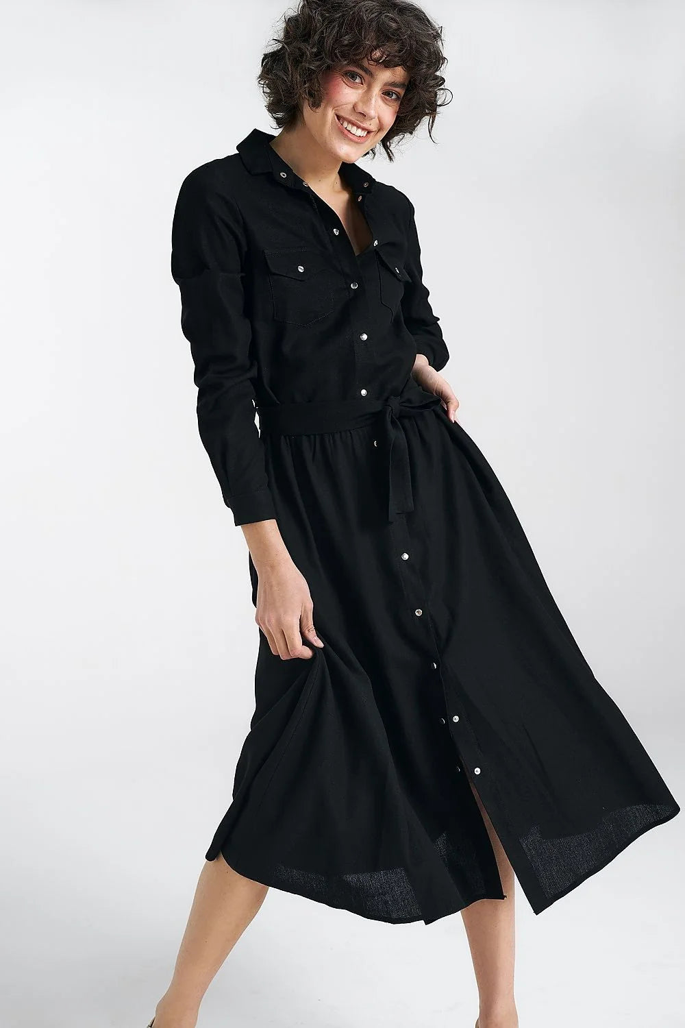 Robe de jour élégante noire style chemise manches longues col classique ceinture ajustable femme viscose lin coton