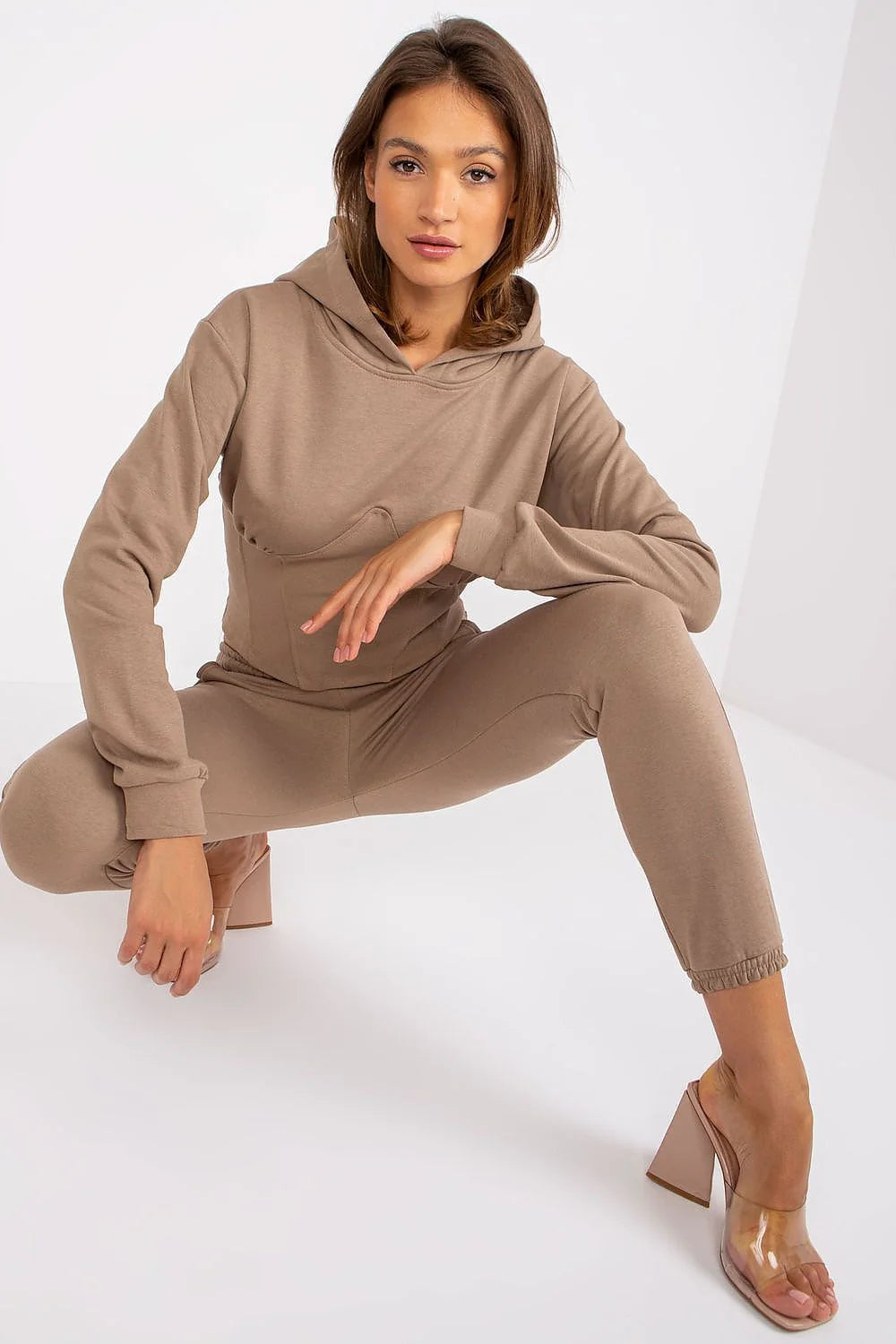 Ensemble survêtement femme style décontracté moderne sweat-shirt capuche pantalon jogger coupe fuselée couleur taupe matières confortables