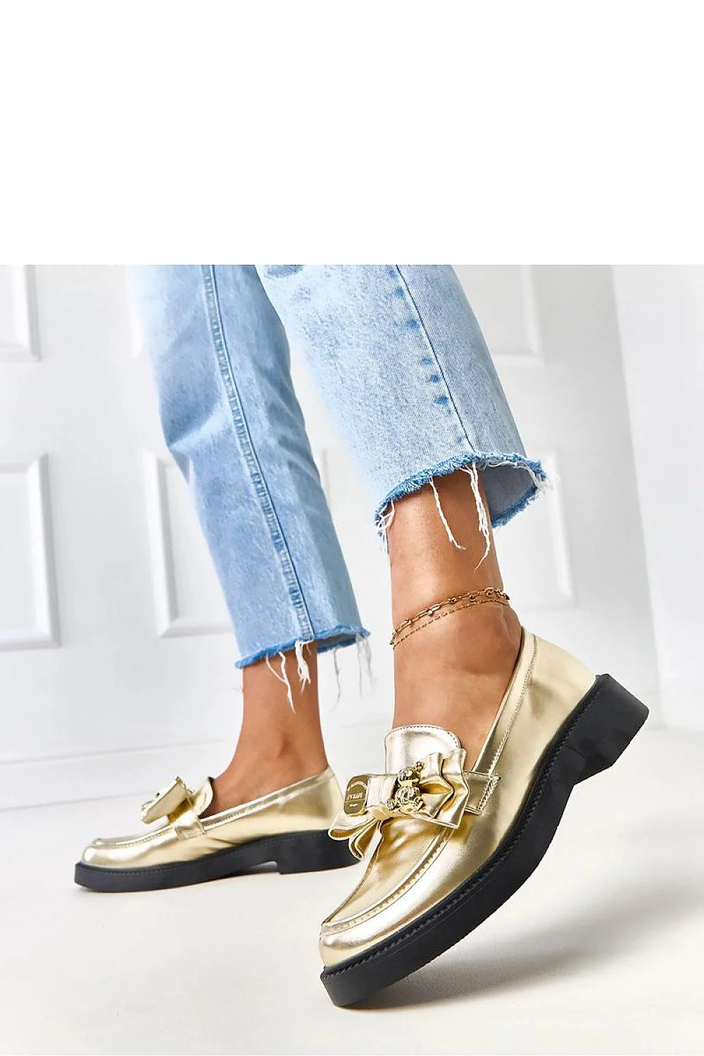 mocassins loafers femme beige métallisée dorée nœud décoratif plaque chaînette cuir synthétique semelle intérieure plateforme crantée confortable quotidien talon 3cm