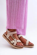 Sandales pour femmes style moderne cuir naturel plateforme 4cm velcro doré beige pantalon mesh rose