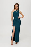Robe longue Makover asymétrique épaule nue maille métallique bleu pétrole occasion spéciale soirée élégance femmes