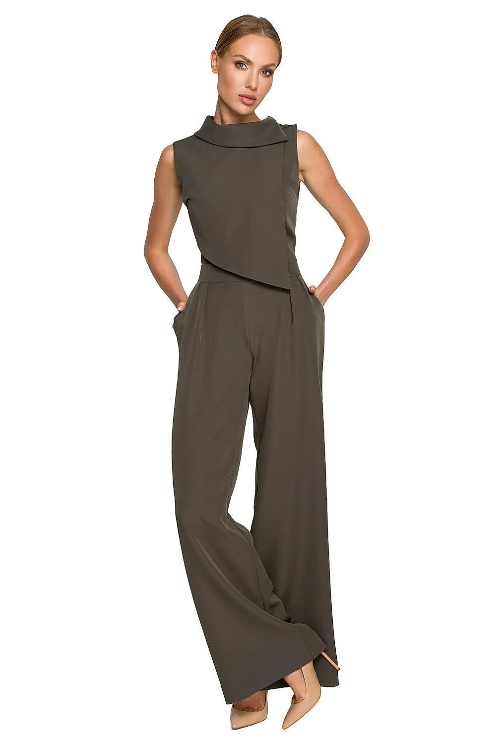 Combinaison Moe sans manches col montant asymétrique jambes larges polyester elasthanne rose pâle occasion formelle
