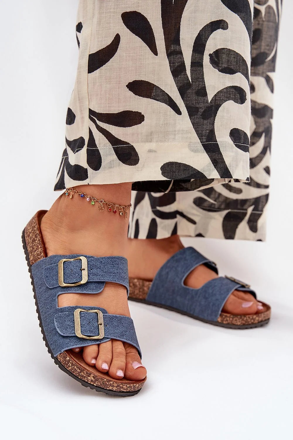 sandales femme mules brides réglables boucles métalliques effet vieilli denim bleu plateforme liège semelle anatomique suédé éco profilée antidérapante crantée