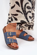 sandales femme mules brides réglables boucles métalliques effet vieilli denim bleu plateforme liège semelle anatomique suédé éco profilée antidérapante crantée