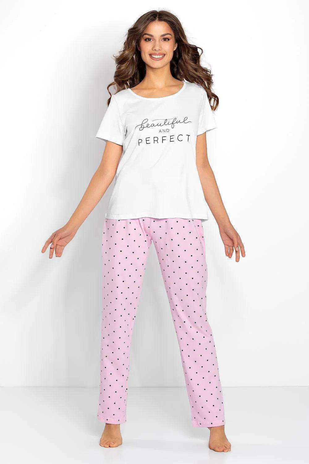 pyjama femme Momenti Per Me coton élasthanne douceur jersey blanc rose pois imprimé col rond manches courtes coupe ample confort