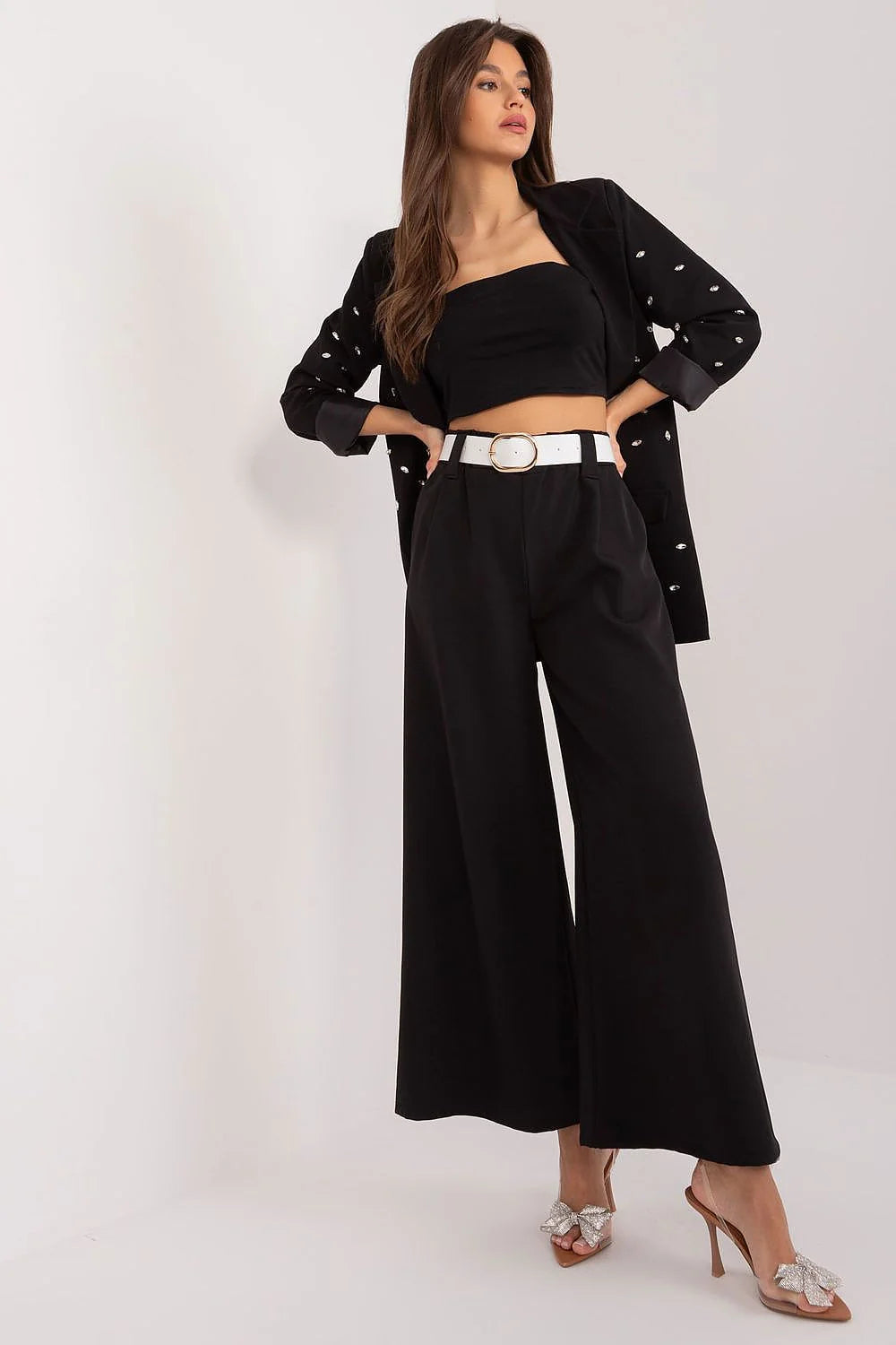 Pantalon femme Italy Moda élégant et moderne palazzo haut de taille large tissu polyester lisse confortable occasions multiples
