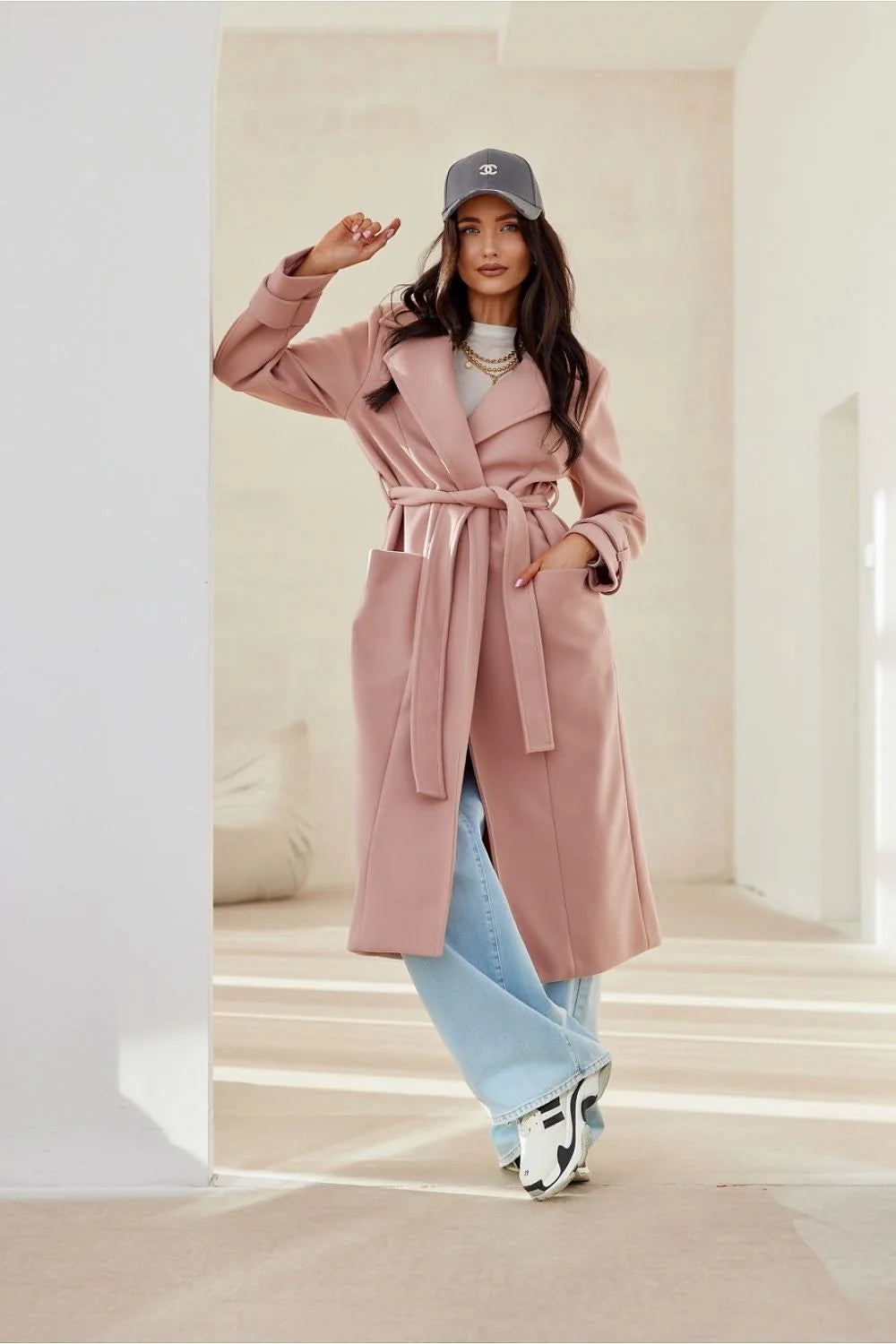 Manteau pour femme rose poudré longue col châle sans boutons ceinture ajustable manches longues doublure poches latérales polyester élasthanne