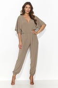 combinaison pantalon femme taupe fluide polyester viscose décolleté profond manches kimono larges taille élastiquée jambes fuselées