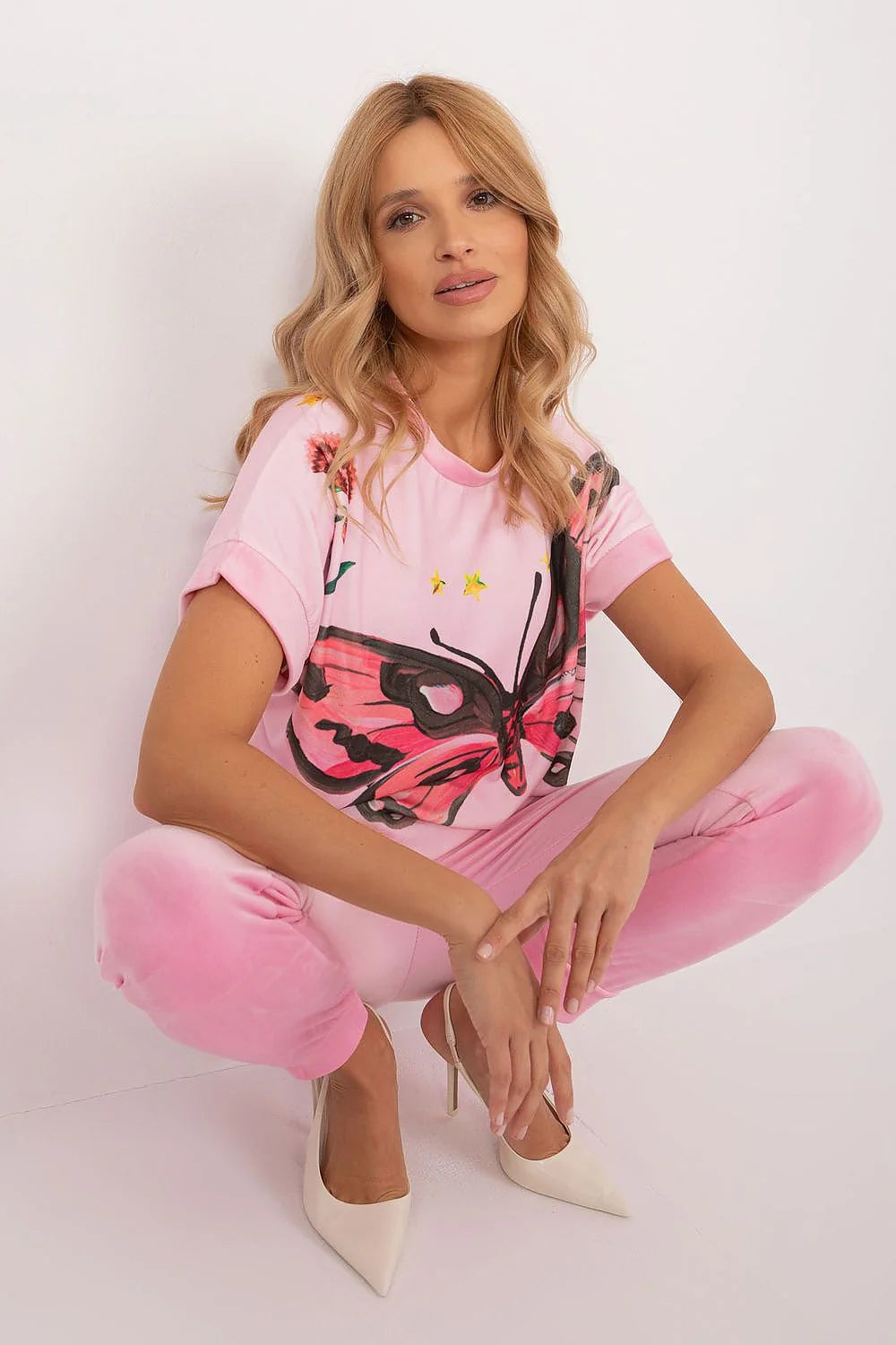Ensemble féminin Rue Paris velours motif papillon manches courtes taille haute pantalon ajusté rose noir étoiles florales