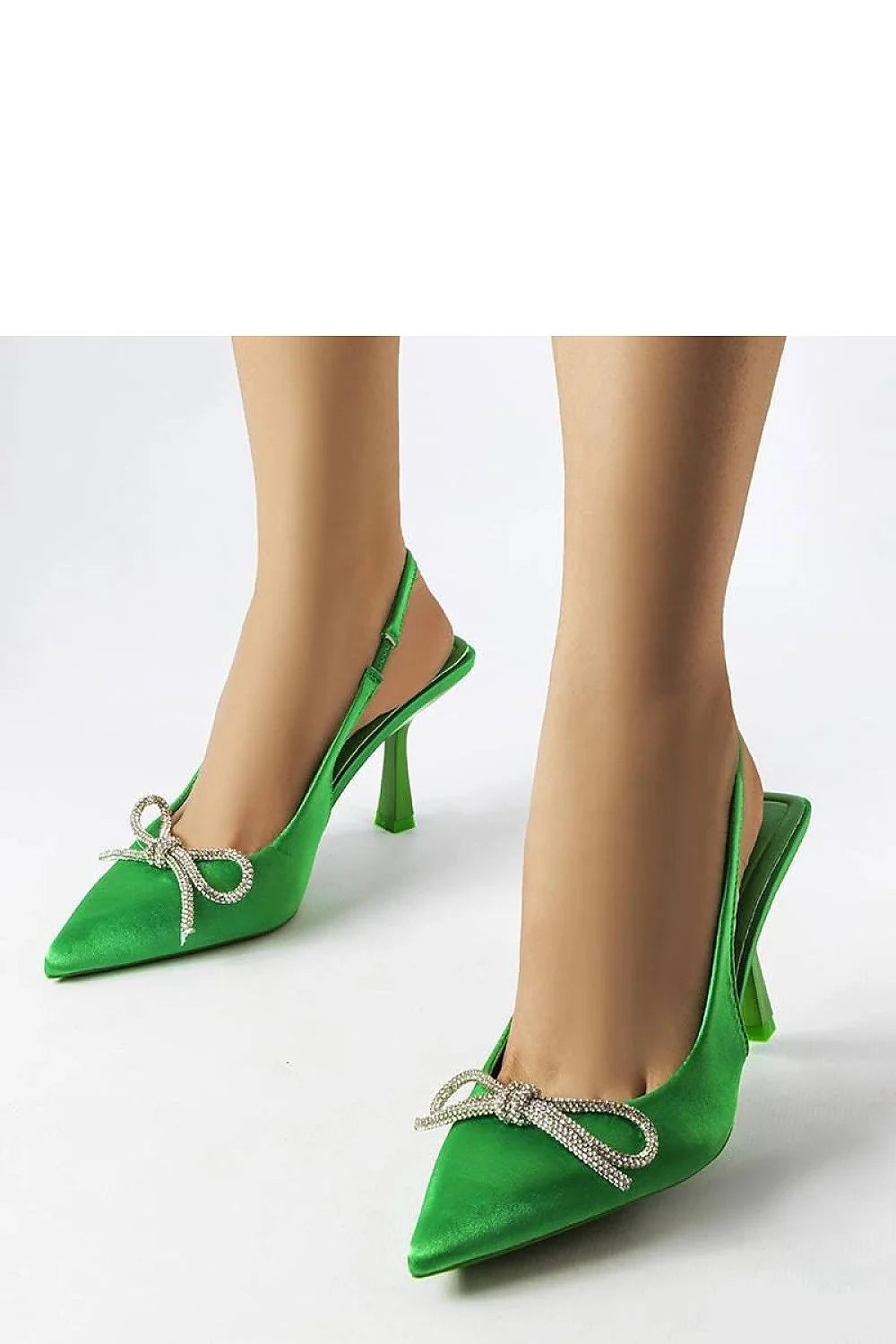 Escarpins à talons hauts Solea, design pointu, satin vert vif, nœud strass, slingback, collection été, femmes élégantes