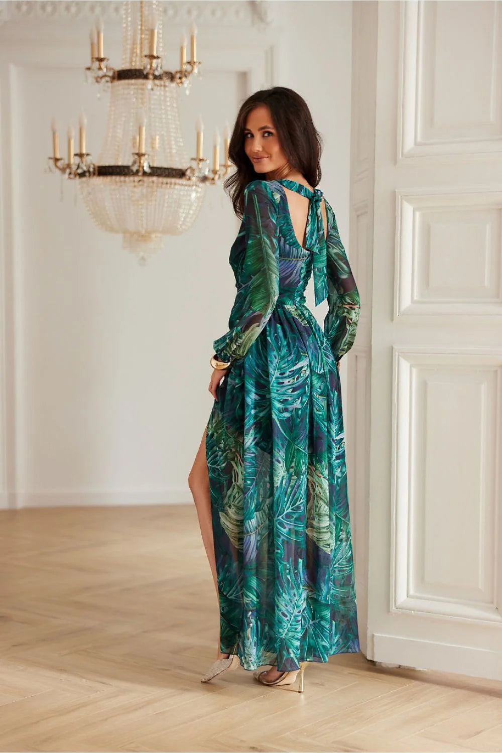 robe maxi Alessia chiffon imprimé fluide longueur sol cachecoeur fente manches bouffantes dos laçage fermeture éclair elastique taille