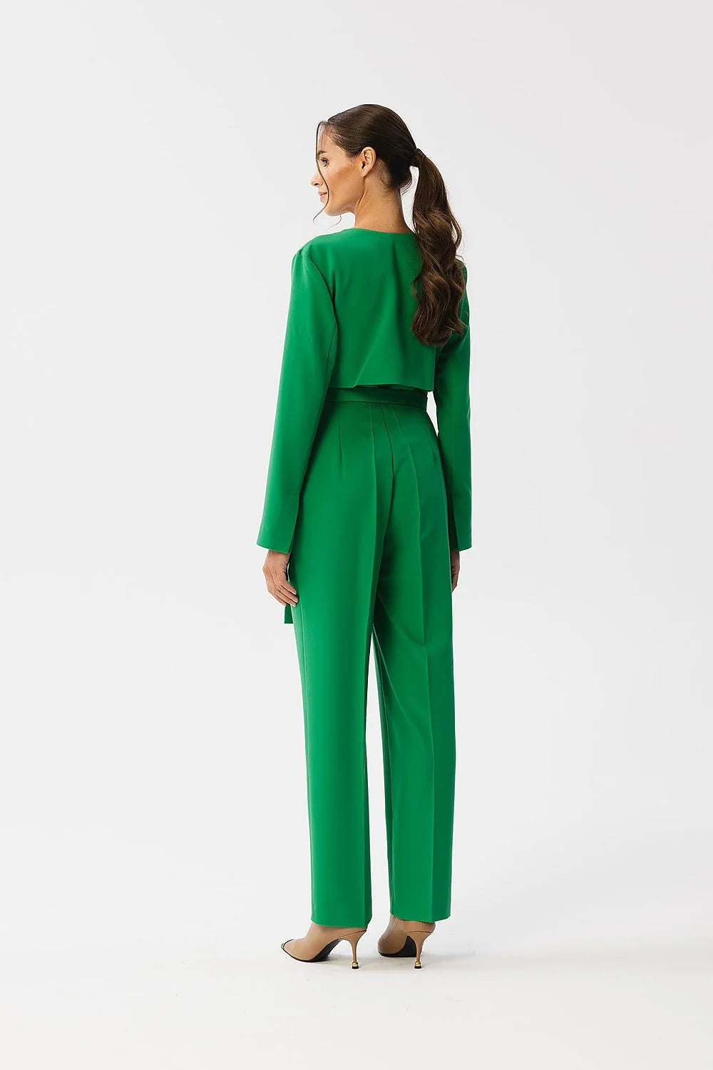 Combinaison élégante pour femme vert vif en polyester manches longues encolure V ceinture ton sur ton occasion élégante coupe cintrée
