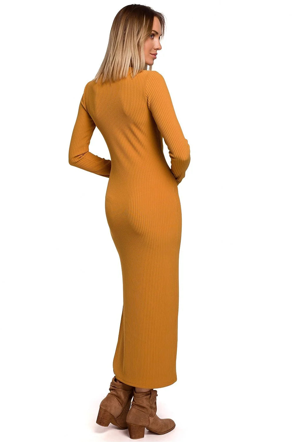 Robe longue en cotonélasthanne noire élégante ajustée manches longues fente latérale occasion semi-formelle