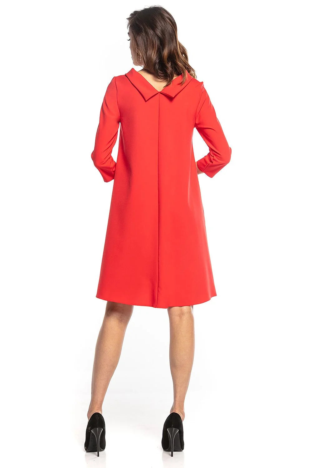 Robe trapèze polyester élégante rouge manches 3/4 col montant style Jackie Kennedy femme moderne