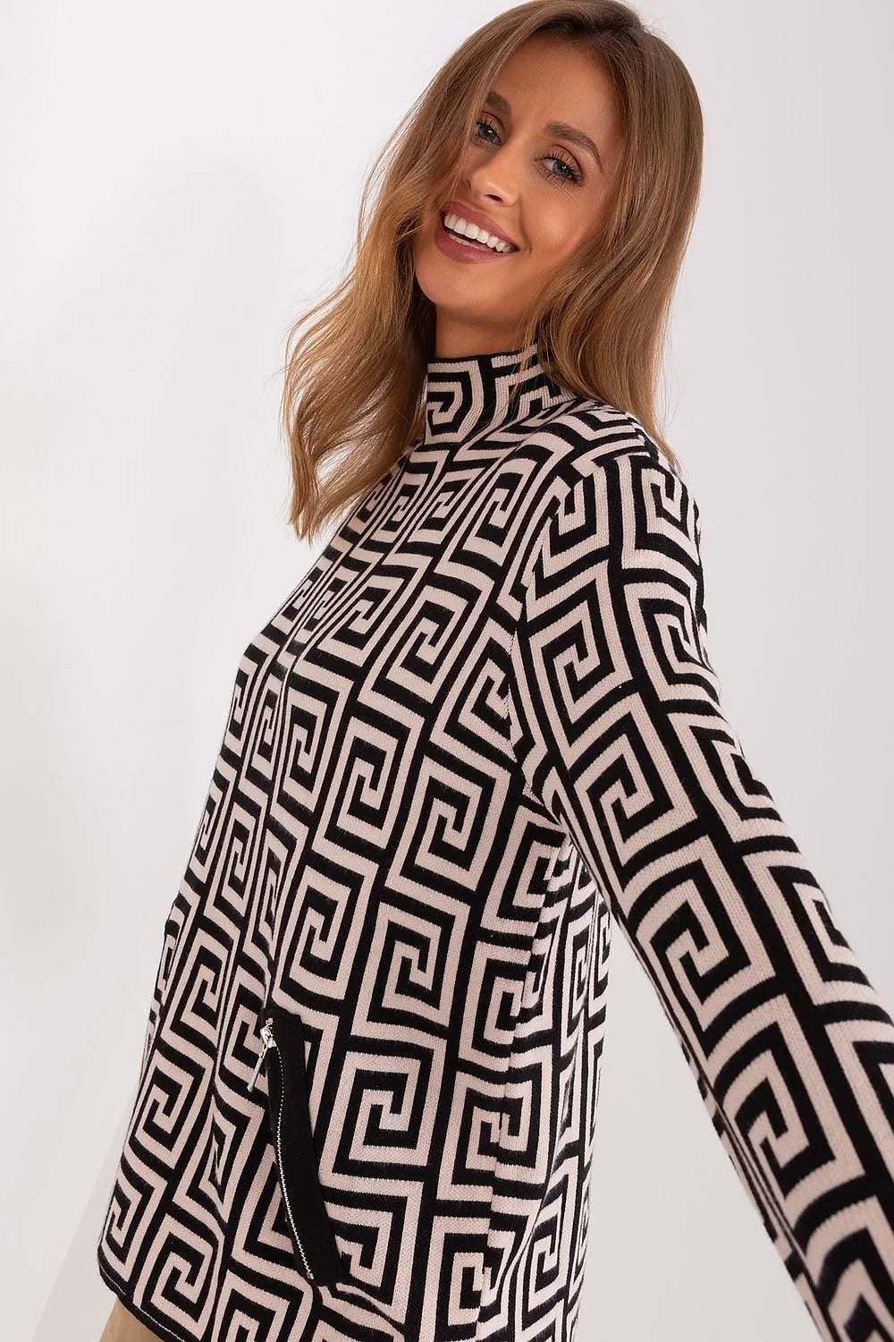 Pull pour femme moderne à motif géométrique labyrinthe manches longues coupe droite poches zippées style graphique