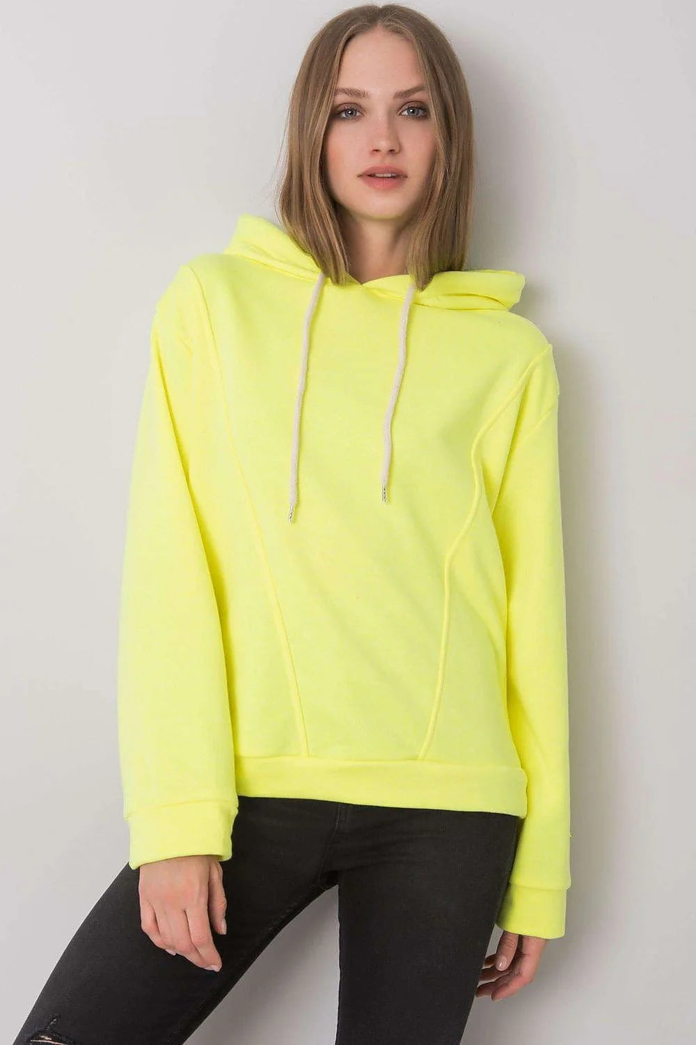 hoodie femme jaune fluo coton elasthanne molleton doux coupe ample épaules tombantes manches longues capuche doublée cordon blanc réglable