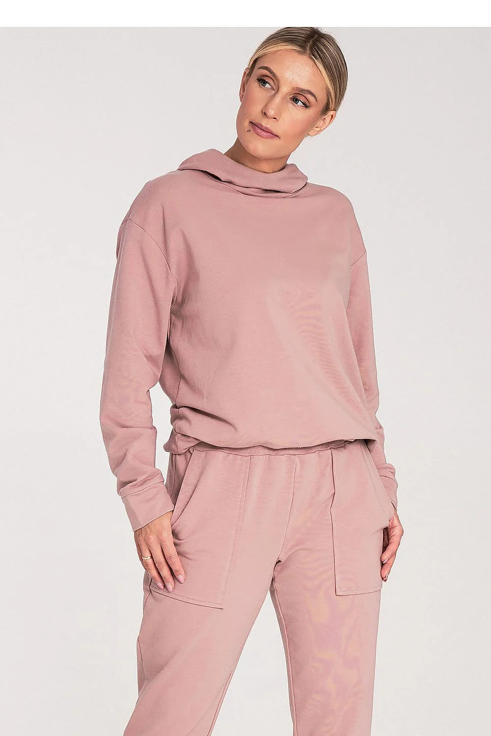 Ensemble détente pour femme en coton doux capuche sans cordon taille élastiquée couleur rose pâle style moderne