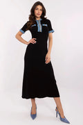 robe midi ajustée buste évasée viscose polyamide maille côtelée noir denim bleu boutons dorés manches courtes