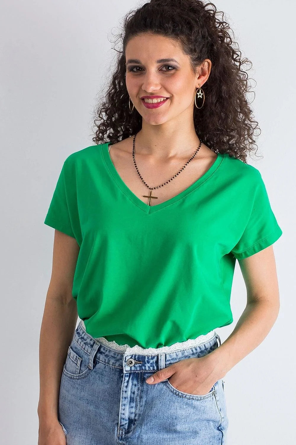 T-shirt femme loose manches courtes col V couleur verte vif coton elastane taille ajustable S M L XL XS