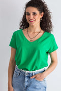 T-shirt femme loose manches courtes col V couleur verte vif coton elastane taille ajustable S M L XL XS